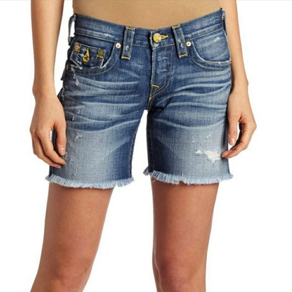 True Religion JAYDE cut off Shorts Y2K Skull Patch raw hem Mid Rise 26